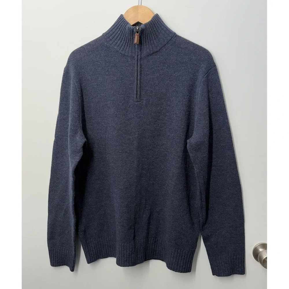 J. Crew Mens 100% Lambswool Quarter Zip Sweater Size Medium Navy Blue Pullover